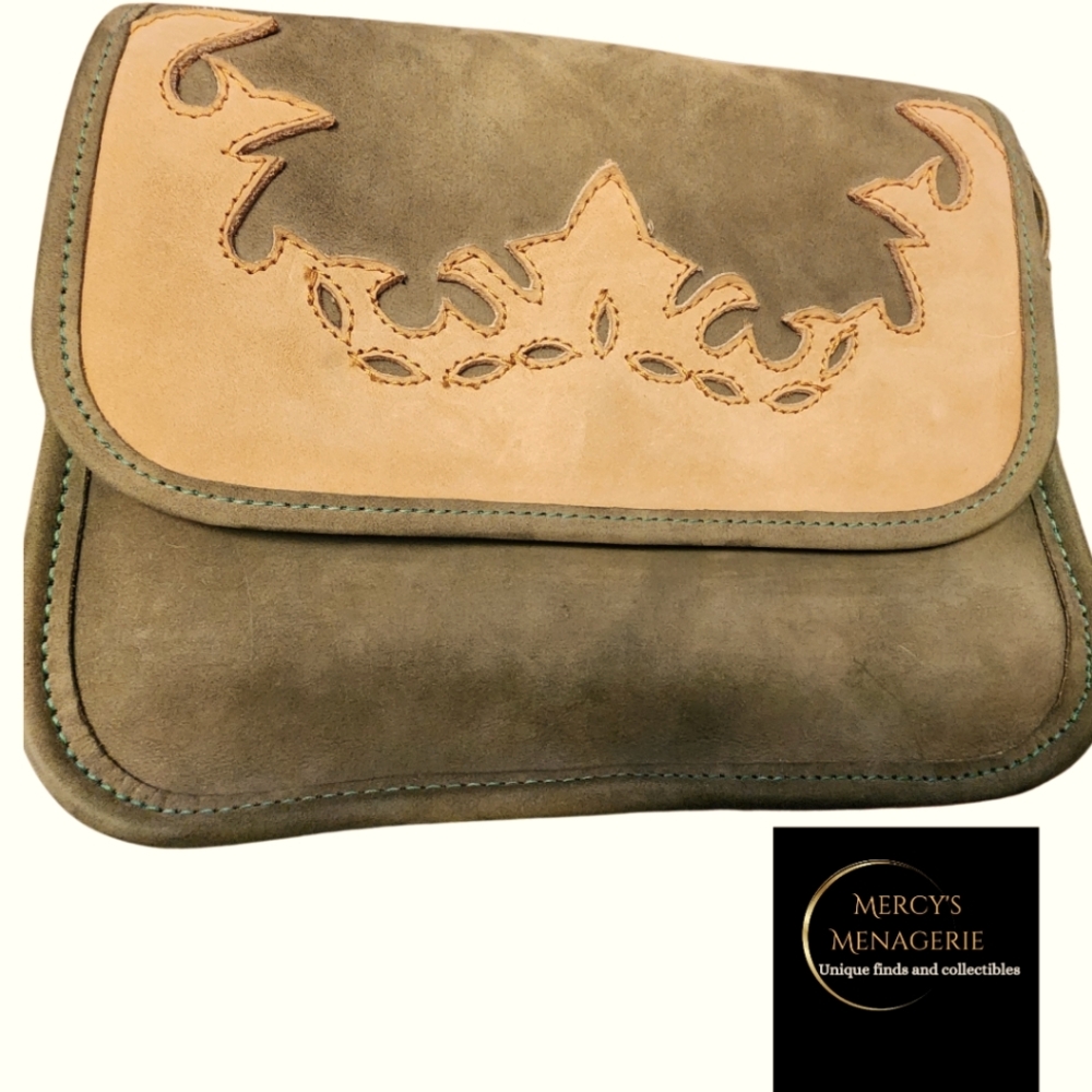 Vintage Green, beige and brown Suede purse